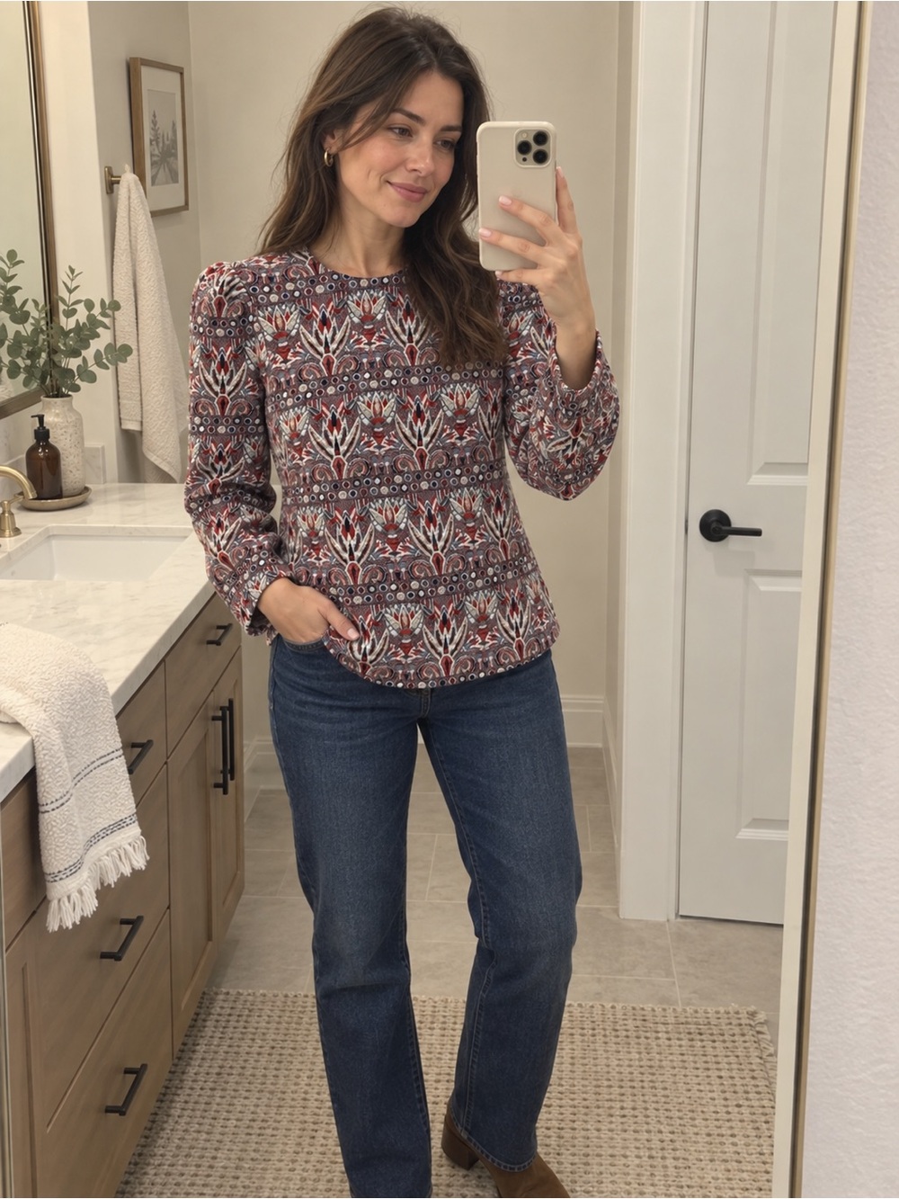 ZARA Red and Blue Metallic Tapestry Brocade Puff Shoulder Top medium